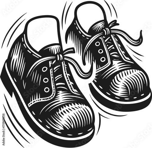 Vintage illustration of dancing shoes with motion lines, classic footwear, black and white, energetic movement