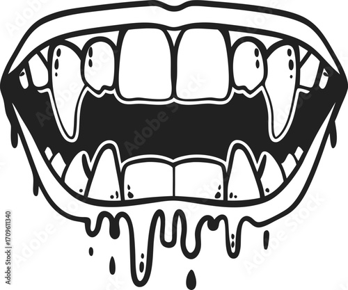 Vampire mouth with sharp fangs and dripping liquid scary open jaws horror concept, halloween spooky illustration isolated