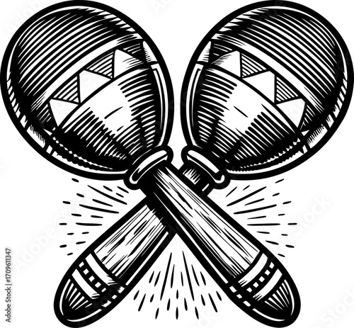 Traditional maracas musical instrument illustration hand drawn sketch of latin rhythm percussion, crossed wooden design