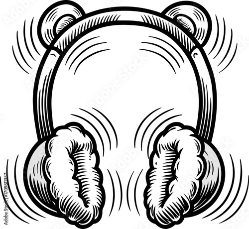 Fluffy earmuffs with bear ears vibrating cozy winter accessory, hand drawn sketch, cold weather warmth and comfort