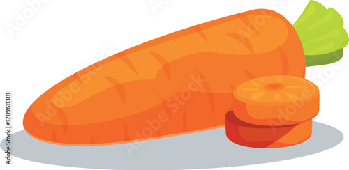 Whole fresh carrot with green leaves and two round slices lying nearby