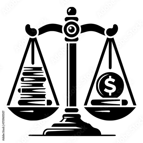 Minimalist scales icon with books and dollar coin which shows balance between knowledge and finance 