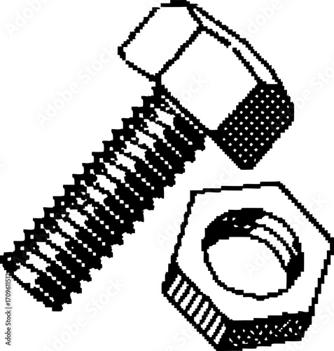 hex bolt and nut in isometric metal hardware screw with threading, fastener components for construction and machinery