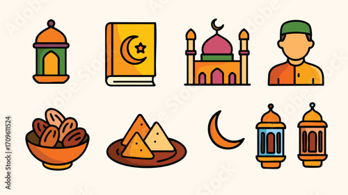 Lantern quran mosque man date samosa crescent colorful vector
