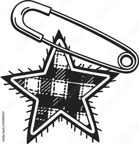 Plaid patchwork star with frayed edges secured by safety pin grunge decorative badge, handmade fabric applique design