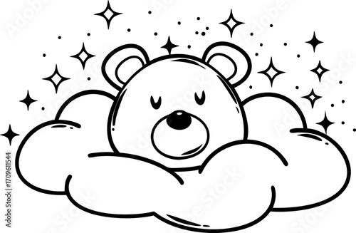 Sleeping bear resting on fluffy cloud with sparkling stars cute nursery animal illustration, calm bedtime and dream concept