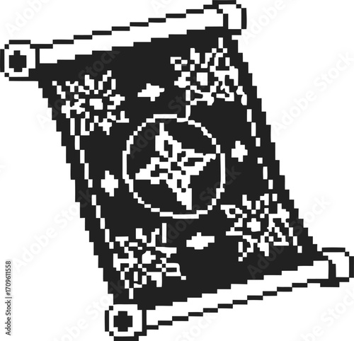 Pixel art ancient scroll with ninja star, ornate border and floral decorations retro vintage game icon, pixelated magic scroll