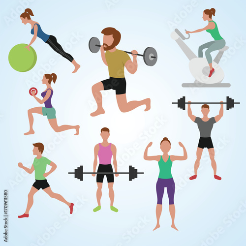 Flat Design Different Workout Exercise People Character in Fitness Activity