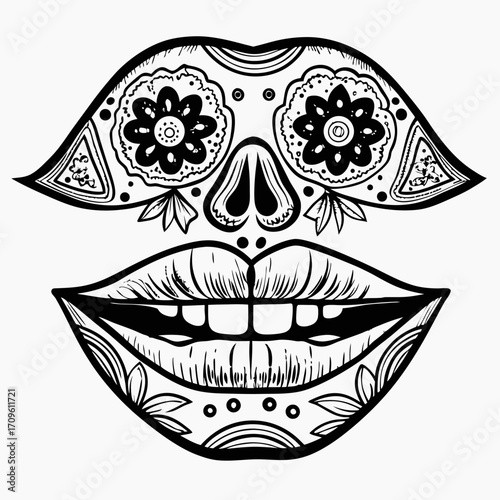 Sugar skull face illustration with floral patterns decorative day of the dead mexican art, black and white line drawing