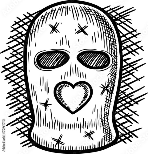 hand drawn ski mask illustration with heart shaped mouth, black sketch lines, unique expression, bold graphic