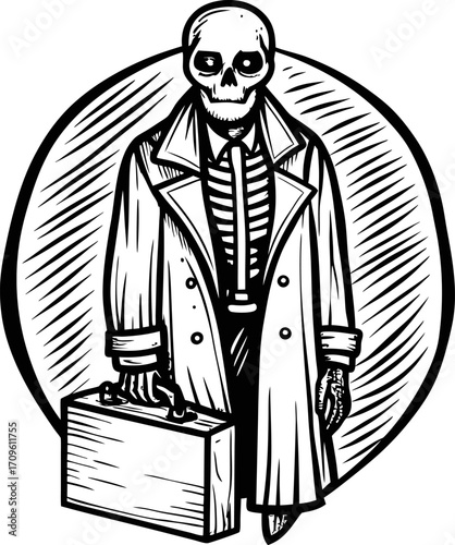 Skeleton businessman in trench coat holding briefcase grim reaper office worker, corporate life, death work metaphor, hand drawn