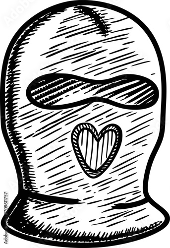 Knitted balaclava mask with heart cutout, hand drawn sketch illustration of cozy winter accessory, unique headwear