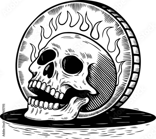 Flaming skull with coin background engraved vintage illustration, gothic style, dark art linework, death and currency symbolism