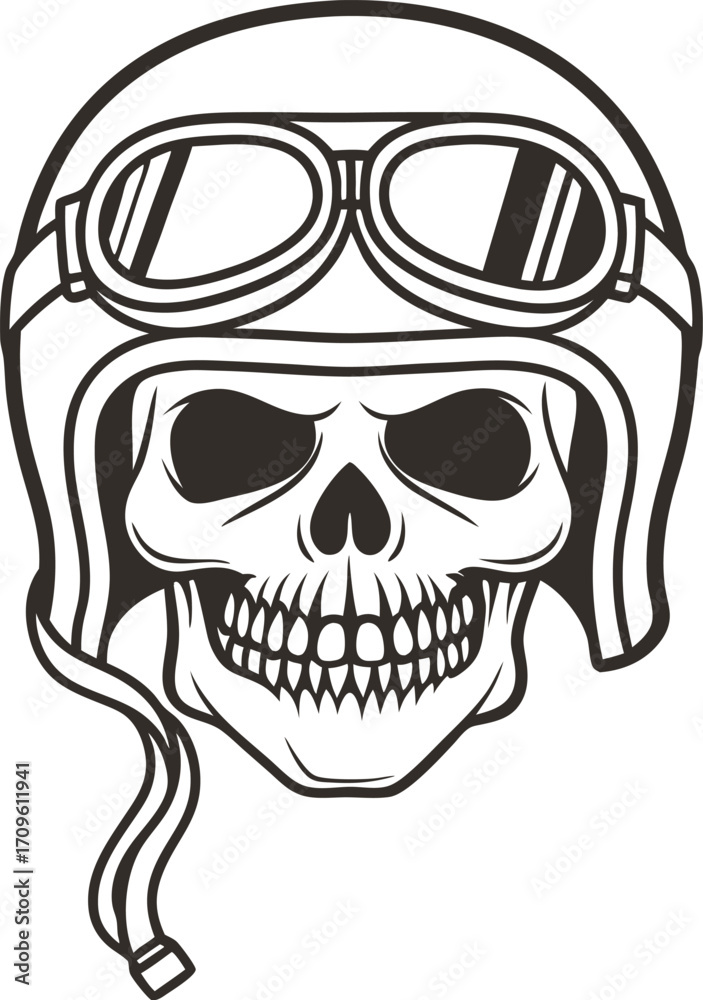 Fototapeta premium Skull in vintage aviator helmet and goggles, aggressive biker emblem monochrome line art illustration, rebellious retro