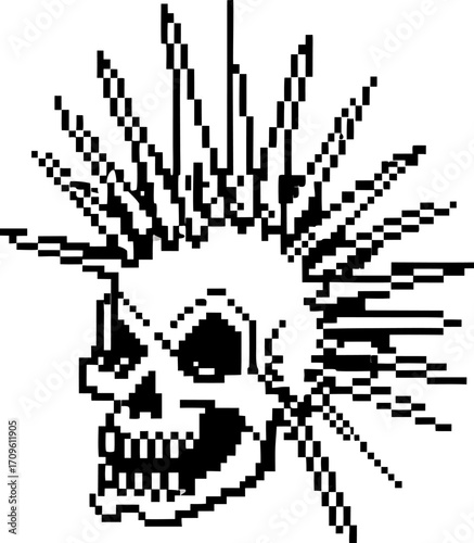 Pixel art punk skull with mohawk hairstyle grinning face, black and white line art, digital illustration, edgy alternative design