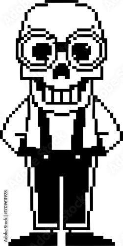 Retro pixel art skeleton character in suspenders standing upright monochrome design, minimalist bones figure, vintage illustration