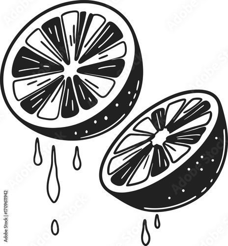 Juicy citrus lemon halves with dripping drops, hand drawn monochrome illustration for fresh fruit concepts