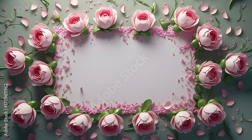 Elegant Pink Roses Frame with Scattered Petals and Soft Green Background