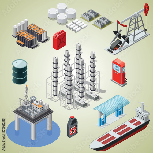 Isometric Detailed Oil Industry Elements Collection Resource Isolated Set