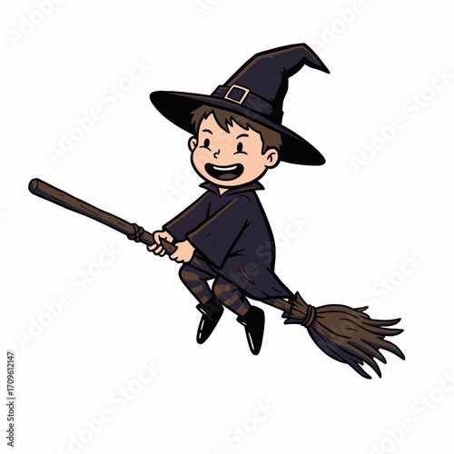 Cute Witch Cartoon Flying on Broomstick – Halloween Magic Character Illustration