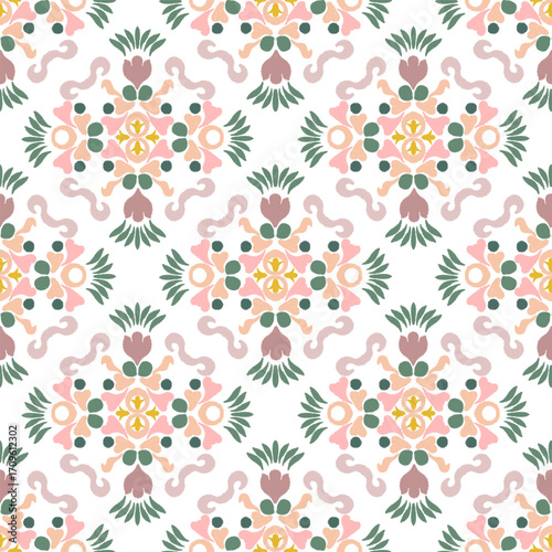 Orange and green ikat seamless pattern illustration in traditional style. Vector texture for textiles, wallpaper, wrapping, Portuguese tiles, and ceramic pottery.
