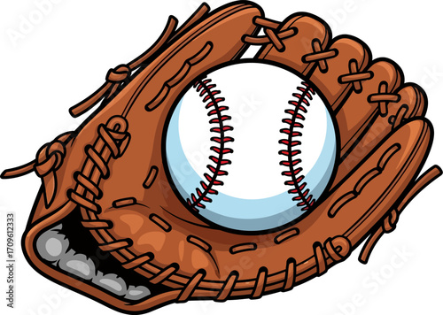 Brown cartoon baseball glove holds a white baseball with red stitching, rendered in a clean style with crisp lines, making it ideal for sports-themed designs or educational materials.