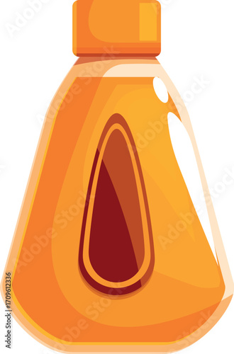 Orange triangular plastic bottle containing papaya shower gel or shampoo, with label showing ripe fruit, isolated on white background