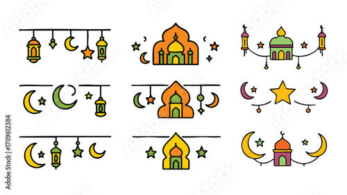 Mosque lantern and crescent icon set decorative flat design