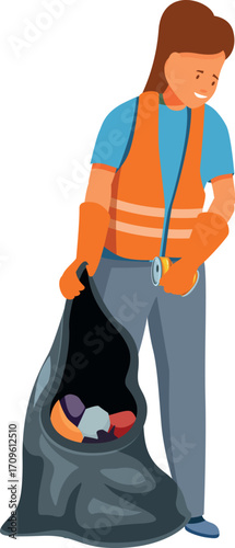 Volunteer holding a garbage bag and collecting trash, promoting environmental awareness and community cleanliness