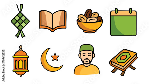 Quran reading dates lantern and muslim icons vector design