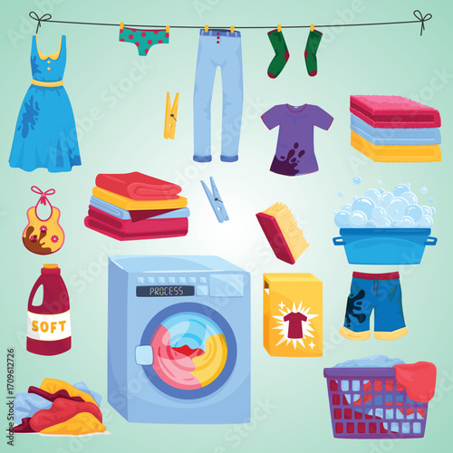 Flat Style Laundry Cleaning Illustration with Washing Machine and Clothes Line