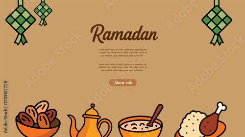 Ramadan food table banner with rice dates and tea