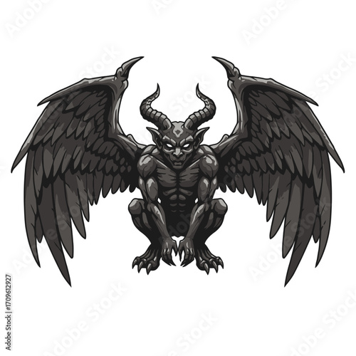 Dark Winged Gargoyle Monster with Glowing Eyes – Gothic Halloween Creature Illustration Design