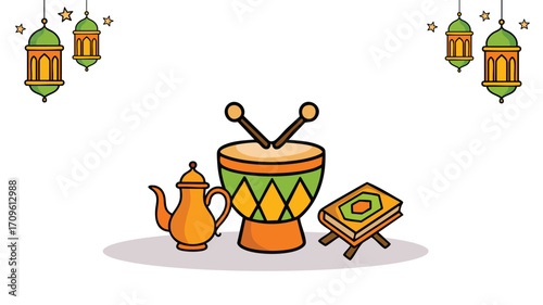 Islamic drum teapot quran lantern banner for ramadan design