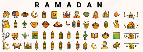Ramadan icons colorful set with food lanterns mosque prayer symbols