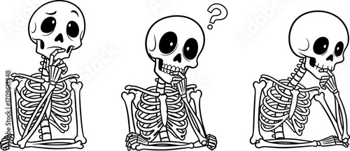 Three cartoon skeletons are thinking and posing with hands on their chins in a black and white outline illustration, perfect for educational or humorous designs.