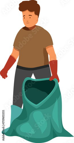 Volunteer wearing gloves and boots is collecting garbage in a big green bag for recycling and environment protection
