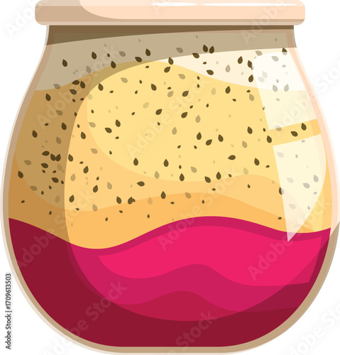 Creamy chia seed yogurt parfait layered with fruit sauce in a glass jar, healthy snack or breakfast option