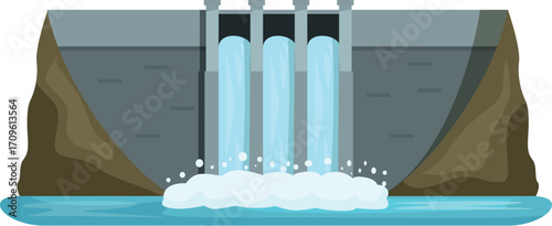 Water flowing through hydroelectric dam, generating renewable energy