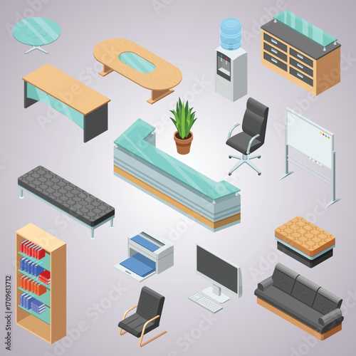 Isometric Styled Various Detailed Office Furniture and Equipment Element Set