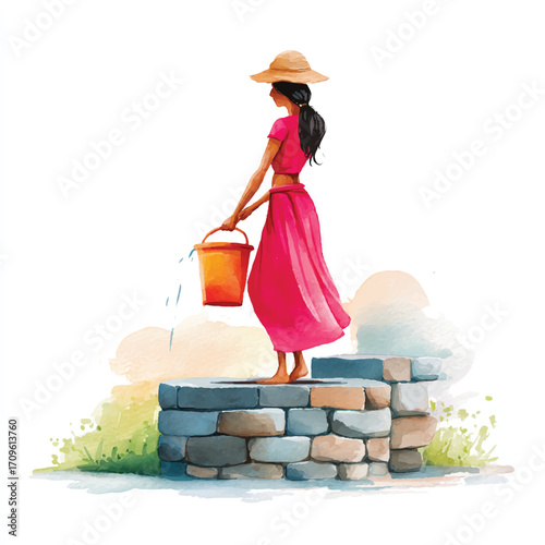 dolpunk_a_cute_A_woman_carrying_water_from_a_stone_well_at_su_49177543-c254-4d02-9a63-6bd71d6375fa_0