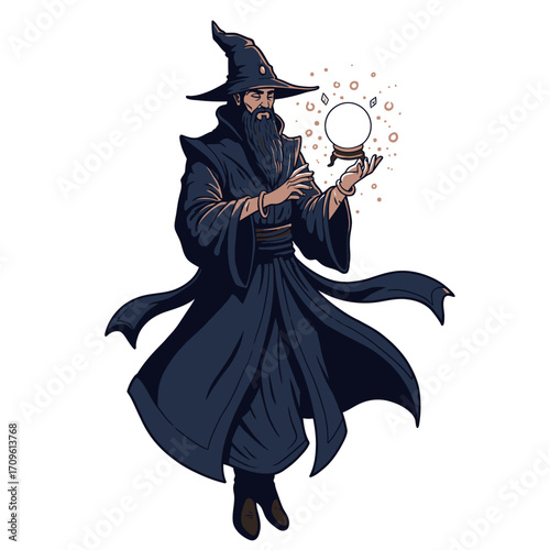 Mysterious Wizard Casting Spell Illustration for Fantasy or Halloween Projects