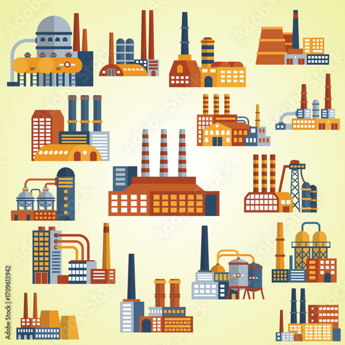 Flat Style Various Detail Industrial Factory Building Complex Icon Set