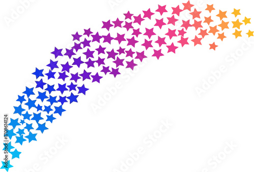 Arc of gradient stars stretches across white, ranging from blue to yellow, creating a bright, cheerful, and abstract design ideal for background or creative project use.