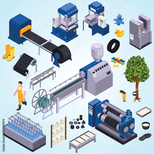 Isometric Detailed Rubber Production Process Illustration with Worker and Equipment