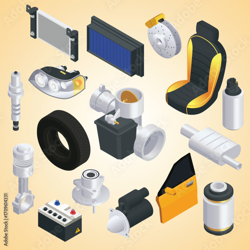 Isometric Automotive Spare Part Assortment for Vehicle Repair and Maintenance Element