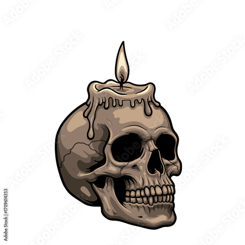 Creepy skull candle melting with wax dripping for Halloween horror decoration and dark fantasy artwork