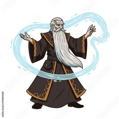 Wise wizard with long robe and magic staff casting spell for fantasy adventure, Halloween, and roleplay art
