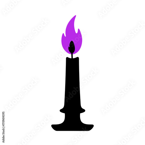 Black candle with glowing purple flame for witchcraft, gothic Halloween, and mystical fantasy illustration