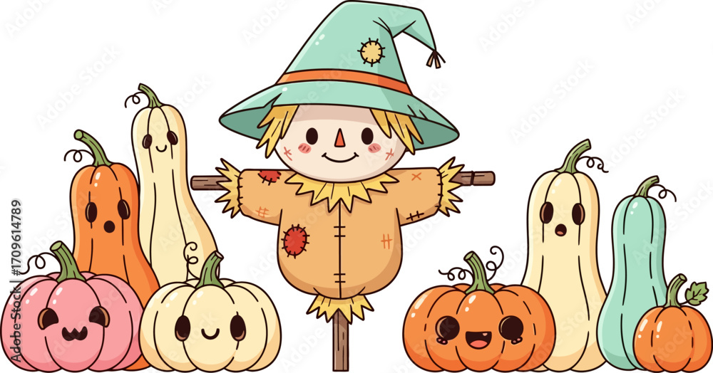 Fototapeta premium Cheerful cartoon scarecrow stands among colorful pumpkins with simple line art and joyful expressions, creating a whimsical autumn scene perfect for seasonal children's content.